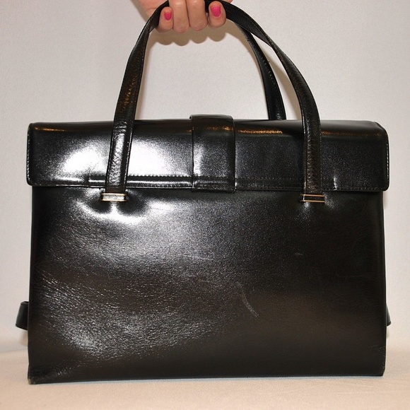 Vintage Bags Vtg Black Leather Handbag Purse Red Inside Pocket